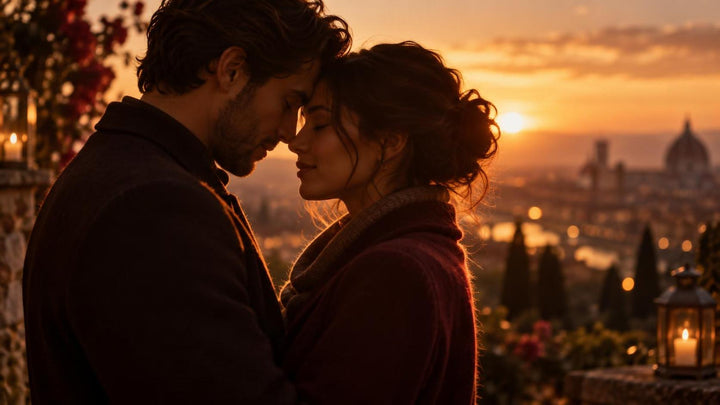 A couple standing close together at golden hour, foreheads touching in a moment of trust and affection