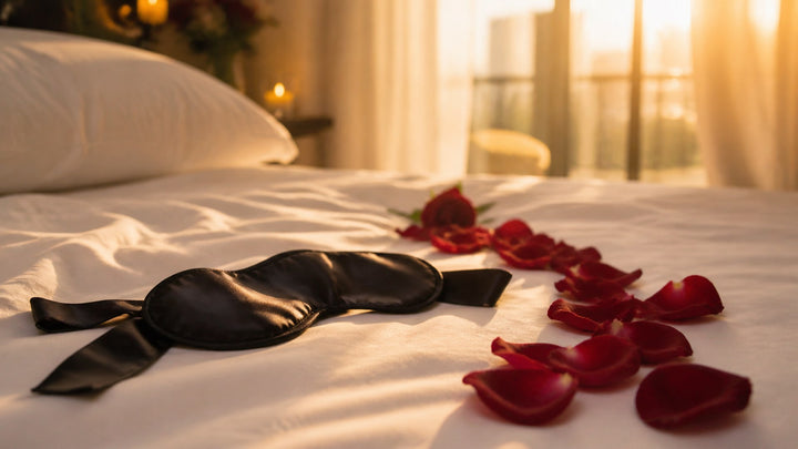 Black satin blindfold on white bed linens with red rose petals in warm evening light