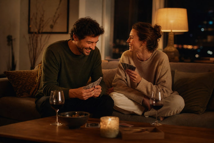 A couple laughing together while playing a card game on the sofa during a truth or dare date night
