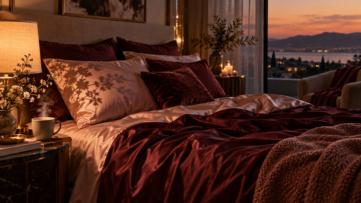 Warm intimate bedroom at dusk with burgundy silk sheets and soft candlelight