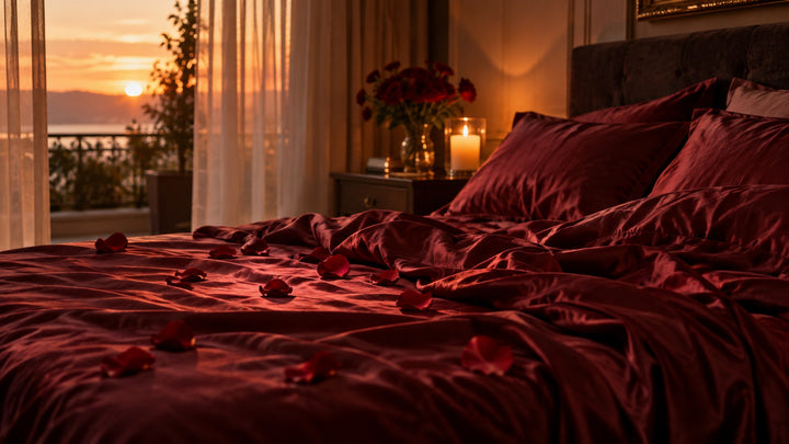 Candlelit maroon silk bed with rose petals set for a romantic Kama Sutra night