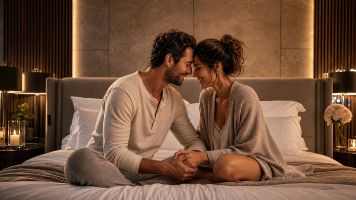Couple lying close together in warm low light, planning their sex bucket list