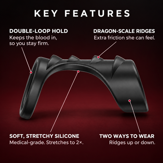 Dragon Ribbed Ring key features: double-loop hold, dragon-scale ridges, soft stretchy silicone