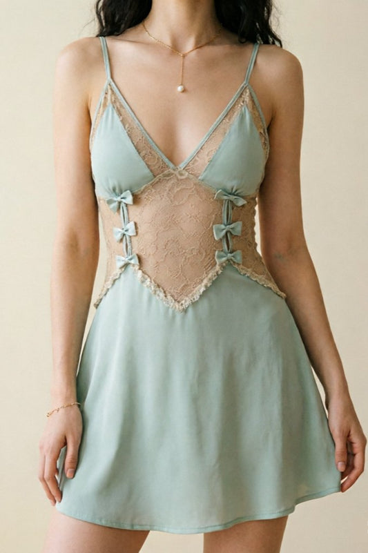 Blue bow lace see through slip nightdress