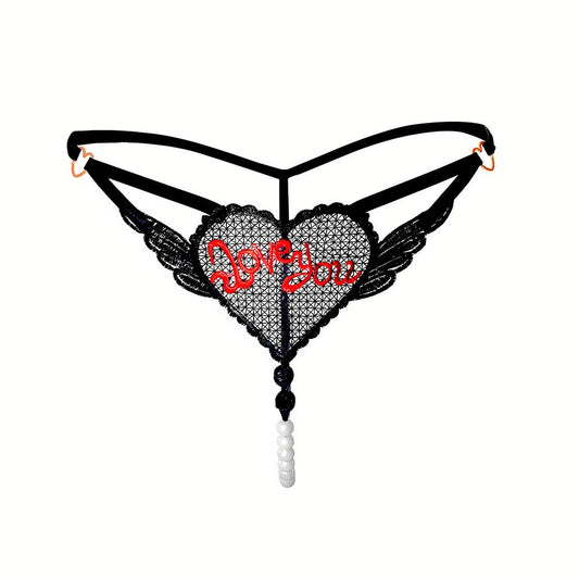 Black open crotch pearl mesh thong