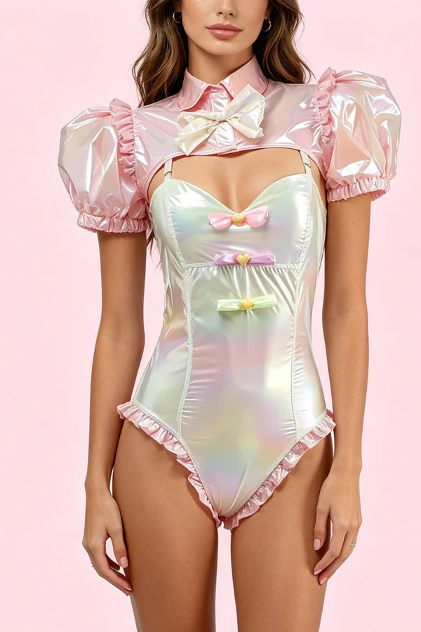 Pink & White pastel holographic anime roleplay bodysuit set