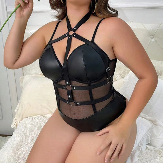 Black plus size faux leather harness mesh bodysuit