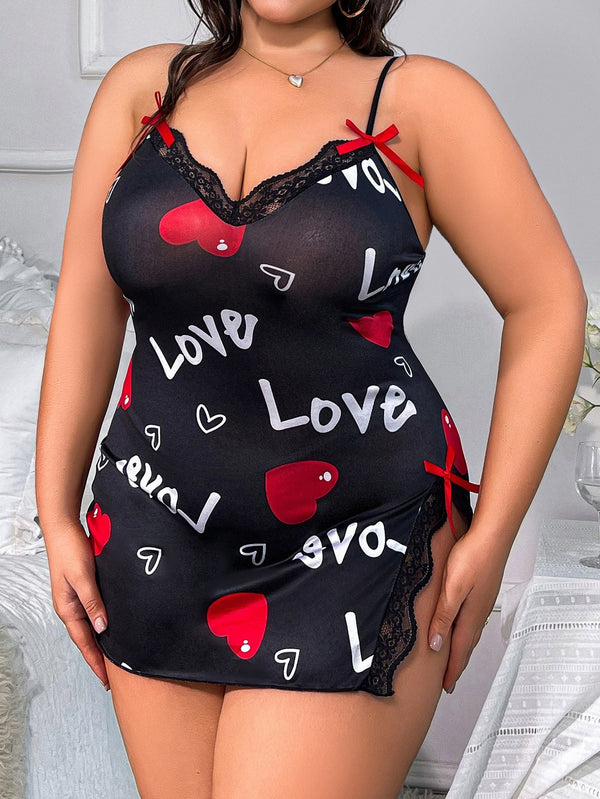Black plus size heart print sheer mesh babydoll