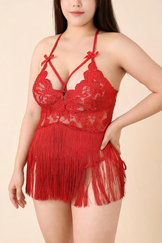 Burgundy plus size lace halter fringe babydoll