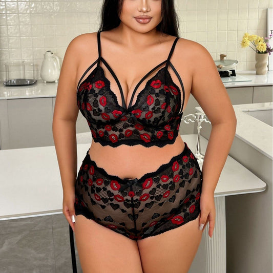 Plus size lip print sheer lace lingerie set, photo 2