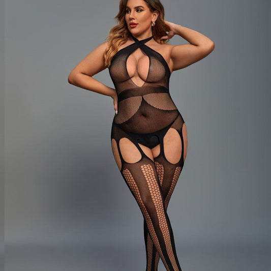 Plus size sheer mesh halter bodysuit, photo 2