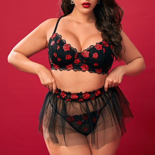 Rose embroidered plus size lace bra set, photo 2