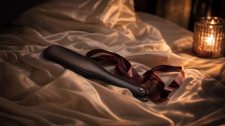 A leather paddle and satin ribbon on silk sheets, set for a couple's impact play night
