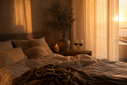 Warm candlelit bedroom at golden hour set for an intimate waterfall position night