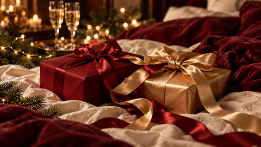 Two wrapped Christmas gifts in red and gold paper with tangled satin ribbons on maroon and cream sheets