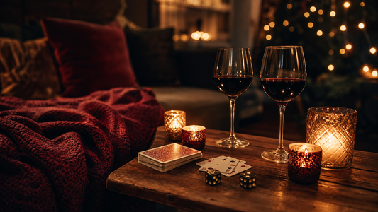 Cozy at-home date night with candles, wine, cards and dice