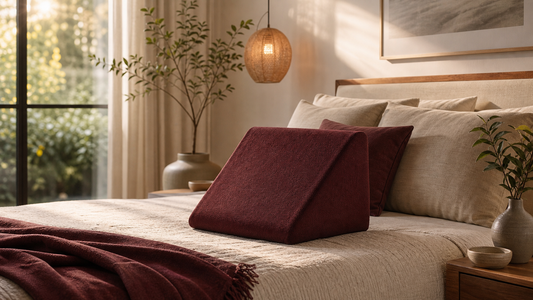 Maroon sex wedge support pillow on a bed for comfortable couples positions