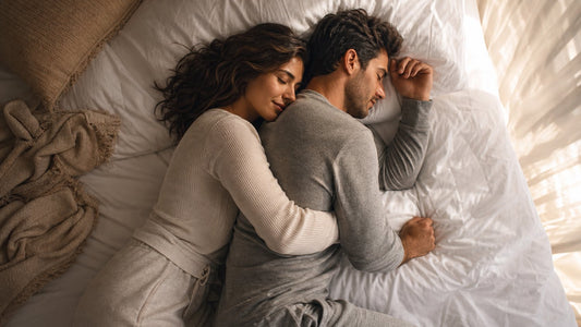 Couple lying close together on soft white bedding in warm morning light, flatiron sex position intimate mood
