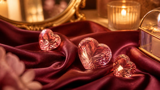 Heart-shaped crystal gems on maroon silk with candlelight, beginner butt plug guide hero