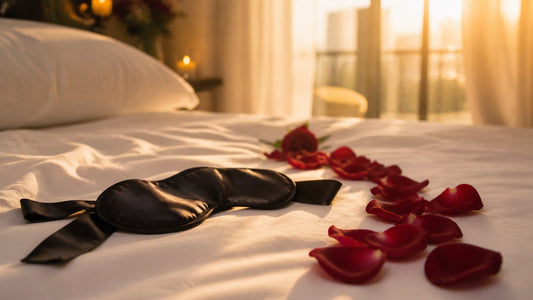 Black satin blindfold on white bed linens with red rose petals in warm evening light
