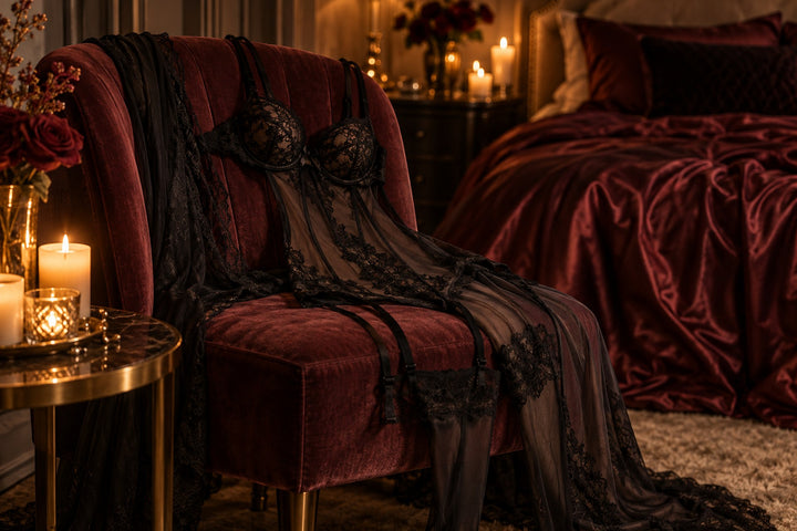 Black lace lingerie draped over a velvet chair by a maroon silk bed in warm candlelight
