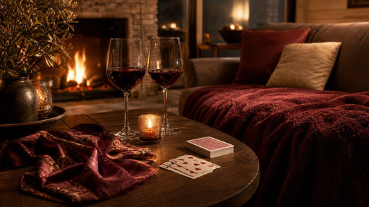 Cozy living room evening with red wine, a candle and playing cards set out for a couples date night