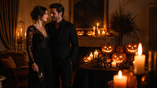 Couple in dark formal attire close together in a candlelit living room with glowing jack-o-lanterns on Halloween date night