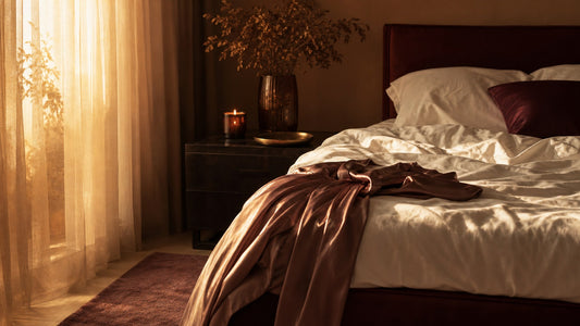 Warm sunlit bedroom with white linen sheets, a silk robe and a lit candle, set for a relaxed solo night