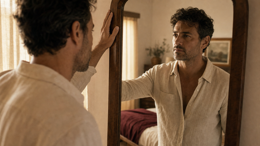 Man in his early 40s at bedroom mirror in warm morning light, contemplative moment of self-reflection and identity ritual