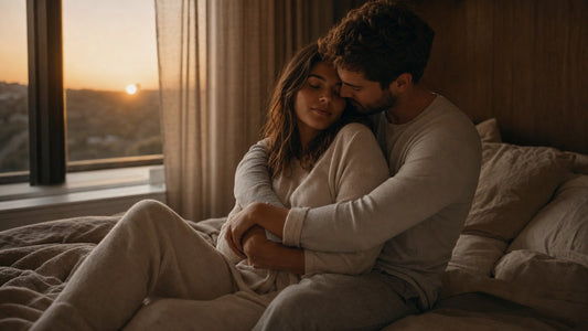 A couple in loungewear embracing on a bed in golden hour light