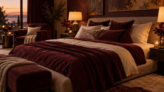 Inviting bedroom with maroon velvet bedding, plump pillows and an armchair in warm lamp light, set up for plus size sex positions