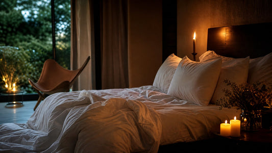 Candlelit bedroom with rumpled linen sheets set for the full nelson sex position