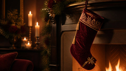 Velvet Christmas stocking with a maroon gift box at the toe hanging by a warm fireplace, naughty stocking stuffers for couples