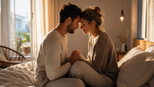 A couple close together in warm light, captain sex position intimacy and control