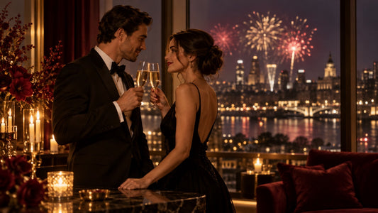 Couple in evening wear clinking champagne glasses by a window with New Year's Eve fireworks over the city