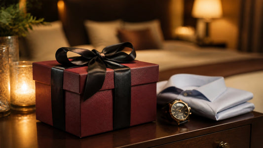 Spicy anniversary gift box for him with satin ribbon on a candlelit bedside table