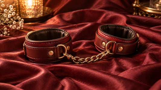 Elegant leather couples handcuffs on deep maroon silk in warm light