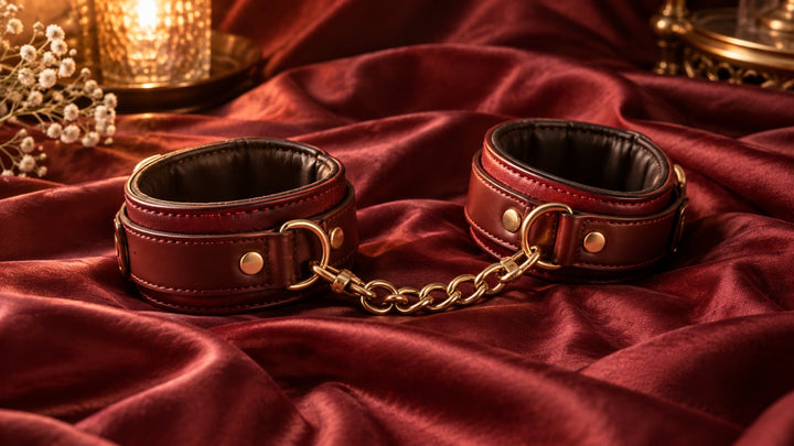 Elegant leather couples handcuffs on deep maroon silk in warm light