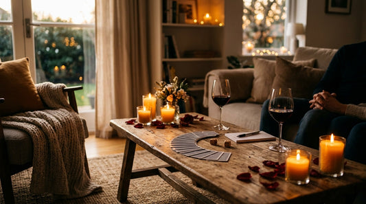 Cozy anniversary game night at home with cards, dice, wine and candles