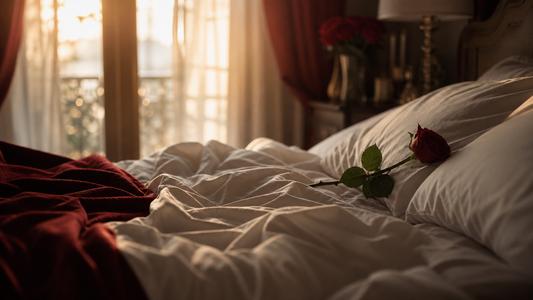 Romantic bedroom at dawn with red rose on white linen