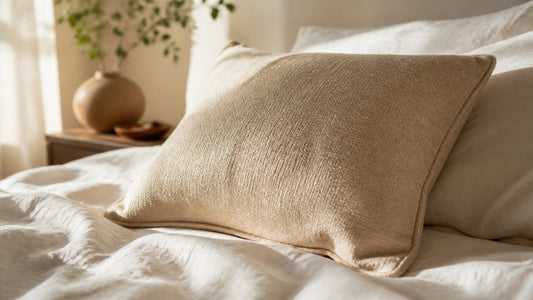 Firm cushion on soft linen sheets in a warm bedroom, hip support for the frog sex position