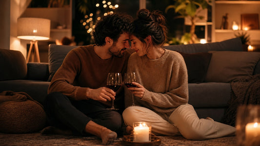 Couple sharing an intimate candlelit moment with wine