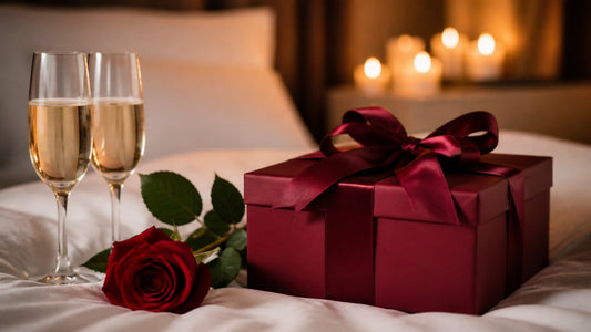 Anniversary gift box with red rose and champagne on white bed, spicy anniversary gift for her