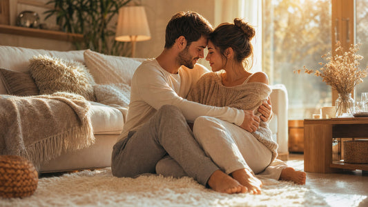 Couple sitting wrapped together forehead to forehead in warm light, the closeness of the lotus sex position
