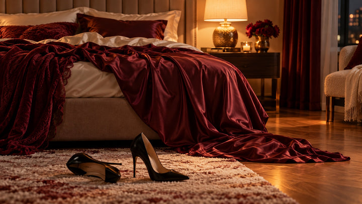 Rumpled maroon satin sheets spilling over the edge of a bed with high heels on the rug, edge of bed sex positions