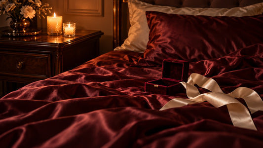 Bedroom at night with maroon satin sheets, an open velvet keepsake box and candlelight, set for sex positions with toys