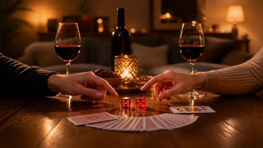 Couple playing a date night dice and card game with wine by candlelight