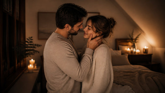 Couple in loungewear sharing an intimate candlelit moment, hero image for blowjob positions guide