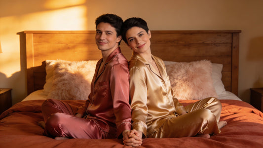 Gender-neutral couple in matching silk loungewear in bedroom