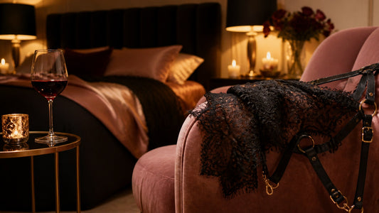 Black lace lingerie and a leather body harness draped over a velvet chair beside candlelight and red wine, set for a couples date night